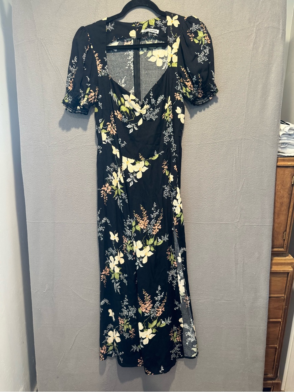 Reformation Black Floral Maxi Dress with Puff Sleeves